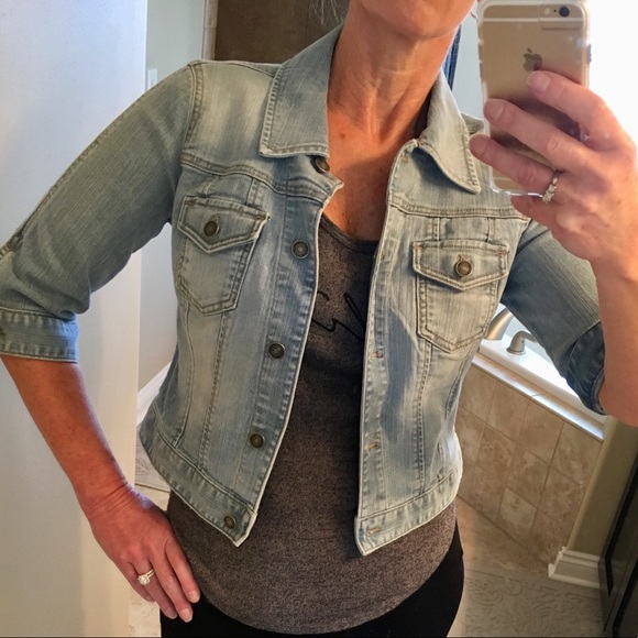 cropped denim jacket 3 4 sleeve